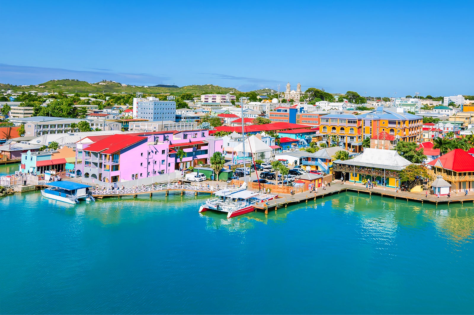 A view of the harbor and buildings in town.