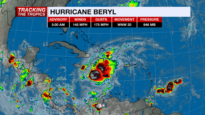 A map of the weather with red and green indicating areas where hurricane beryl is currently located.